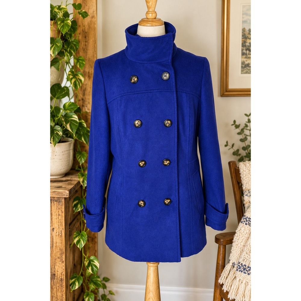 Cobalt Blue Double Breasted Military Peacoat High Collar Tailored Size 18